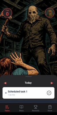 “Complete your task… or he completes you.”
Tier 0 never looked so dangerous. Welcome to Camp Black Hollow, where skipping your to-do list might be the last thing you do. Task list screen with masked slasher The Chopper looming in the background, from Camp Black Hollow arc in Survive the Day.