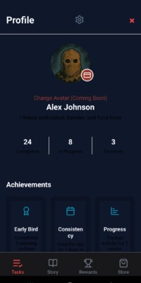 “Fitness enthusiast, traveler, and food lover... who chose a masked murderer as their avatar. Totally normal.”
The profile screen is still under construction—so naturally, the only available avatar is the most stabby one we’ve got. Survive the Day profile screen showing default slasher avatar, user stats, and achievements.